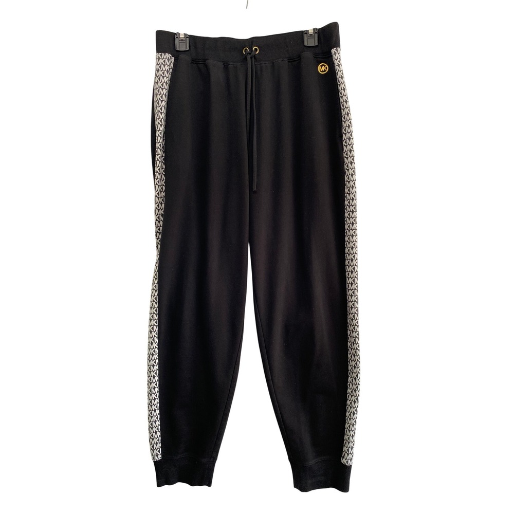 Michael Kors Jogger Sweatpants Women L Black Monogram Logo Side Tape Trim